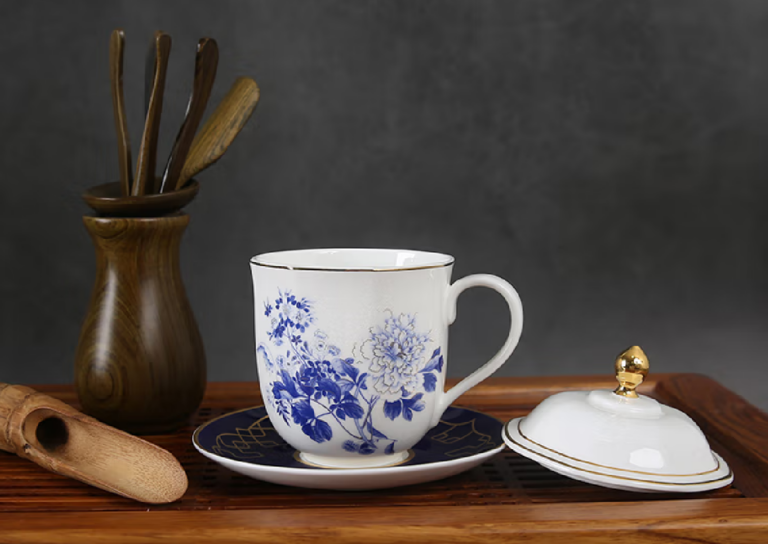 Gao Chun Porcelain Office Tea Cup Men's Blue Porcelain Tea Set, Gift Box Packaging