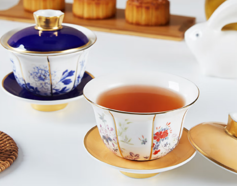 GONGFU TEA Porcelain Tea Set, Bone China for Home and Office Use, includes 2 Tea Cups (Blue and Orange)