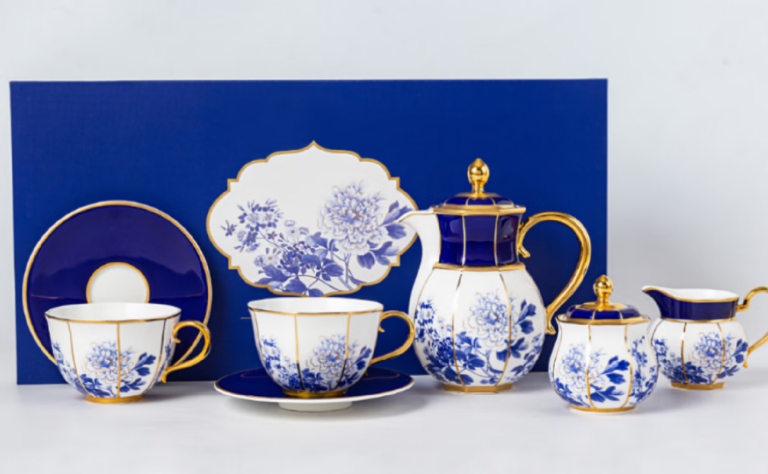 Spring and Scenery Bone China Tea Set, Blue and White Porcelain Set with One Pot, Two Cups, Two Saucers, One Sugar Bowl, and One Creamer