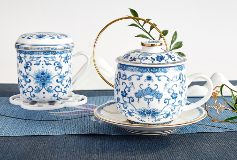 GaoChun Porcelain Blue and White Bone China Tea Cup with High-Temperature Glaze and Gold Rim - Enamel Tea Set