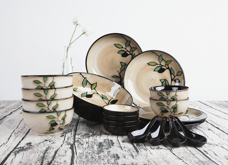 Chinese Household Ceramics Hand-painted Bamboo Leaves Underglaze Bowls and Plates Tableware Wholesale