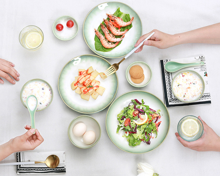 Chinese Green Lotus Underglaze Series Household Creative Bowl Plate Tableware Set Wholesale